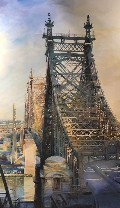 Alexander Creswell large watercolor of Queensboro bridge