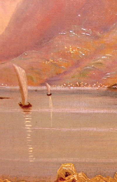 detail showing boats in a lake from a 19th century Hudson River Valley School painting.