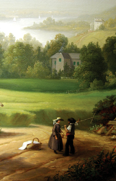 Detail from a 19th century Hudson River School oil on canvas painting showing two figures in a landscape