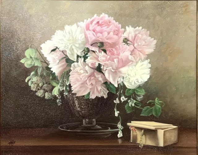 NHAC painting: Mary Phillips (20th c), Flowers with Jewelry in Salt Cellar, $1,625