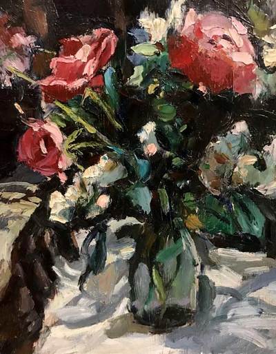 Detail of Impressionist still life floral oil painting